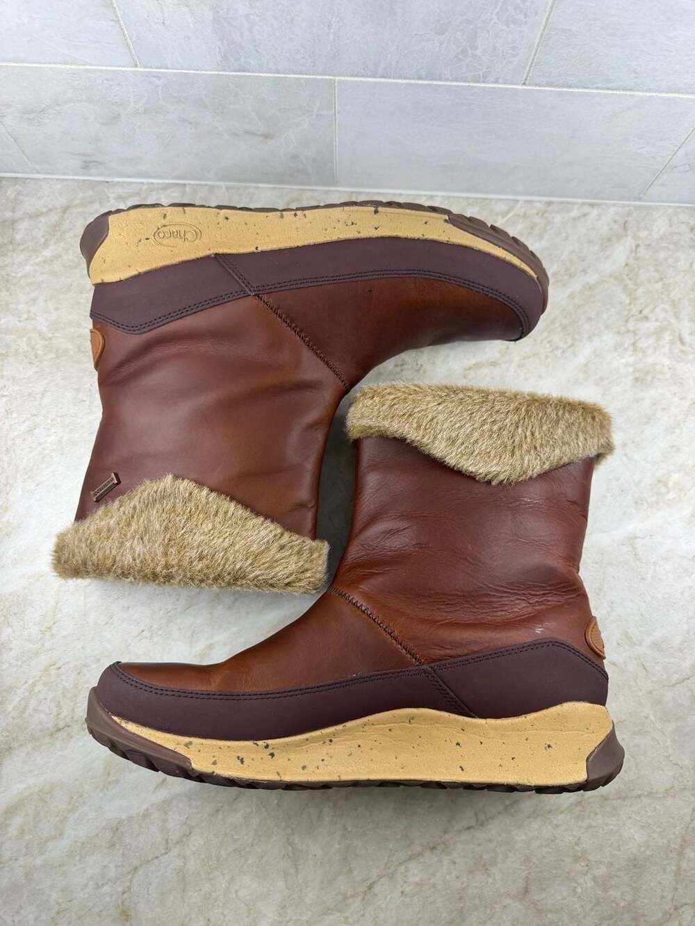 Chaco Borealis Mid Waterproof Leather Winter Boots Brown Faux Fur Womens 9 - Picture 7 of 16